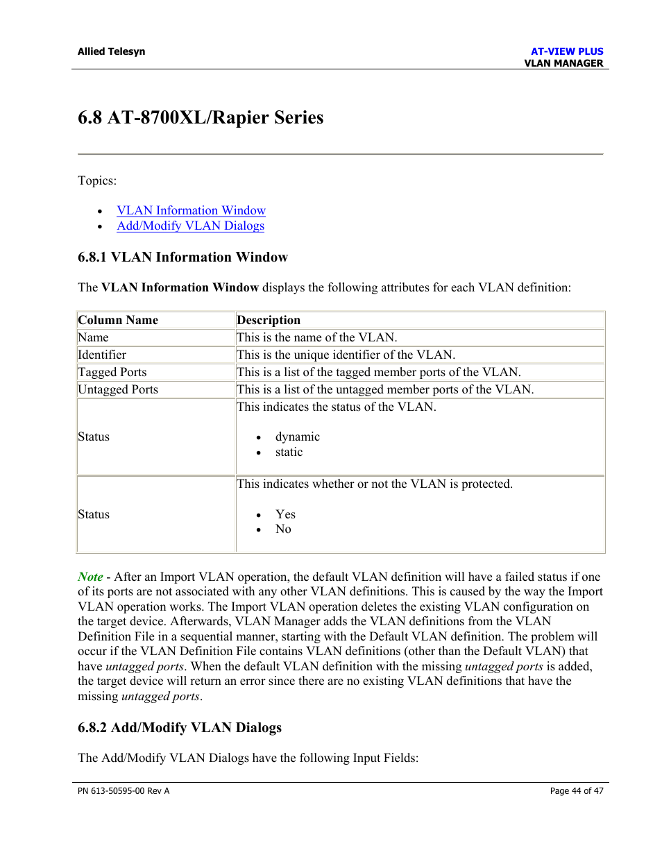 1 vlan information window, 2 add/modify vlan dialogs | Allied Telesis AT-VIEW PLUS 2.3 VLAN MANAGER User Manual | Page 44 / 47