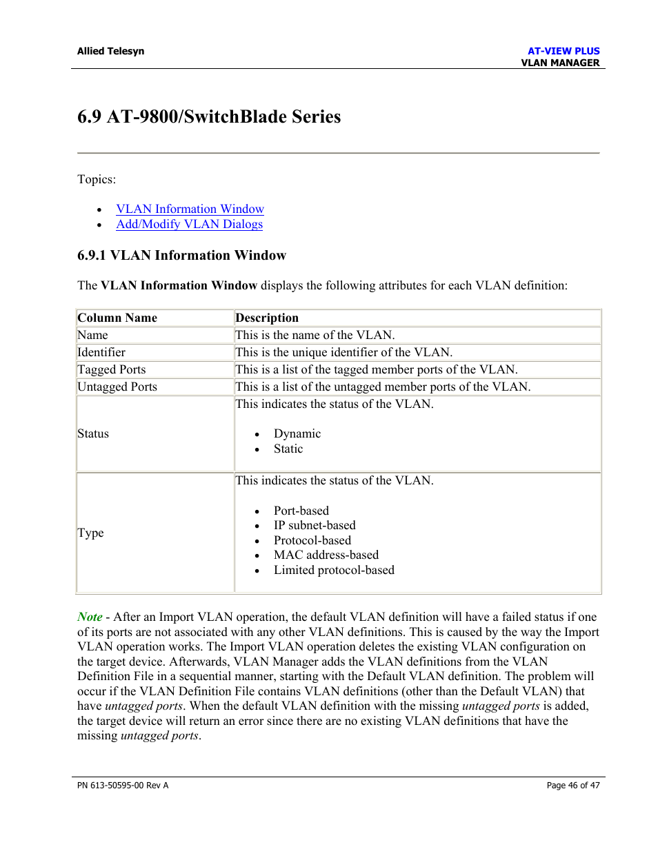 1 vlan information window | Allied Telesis AT-VIEW PLUS 2.3 VLAN MANAGER User Manual | Page 46 / 47