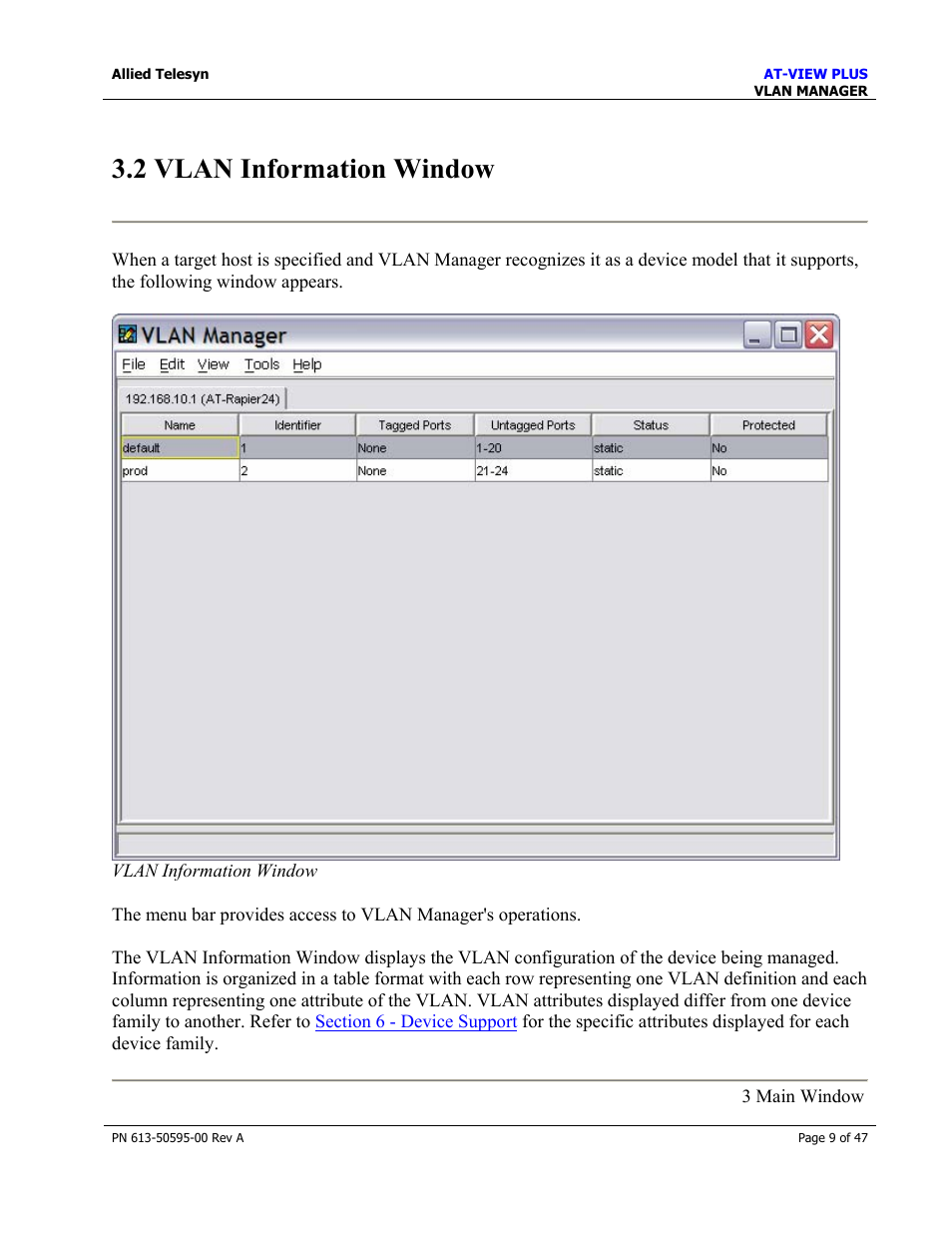 2 vlan information window | Allied Telesis AT-VIEW PLUS 2.3 VLAN MANAGER User Manual | Page 9 / 47