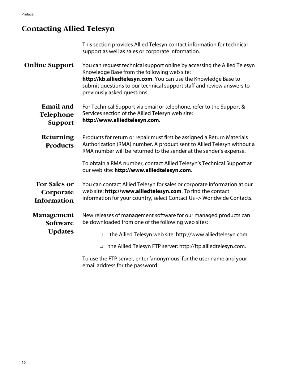 Contacting allied telesyn, Online support, Email and telephone support | Returning products, For sales or corporate information, Management software updates | Allied Telesis AT-8088/xx (MT and SC) User Manual | Page 10 / 116