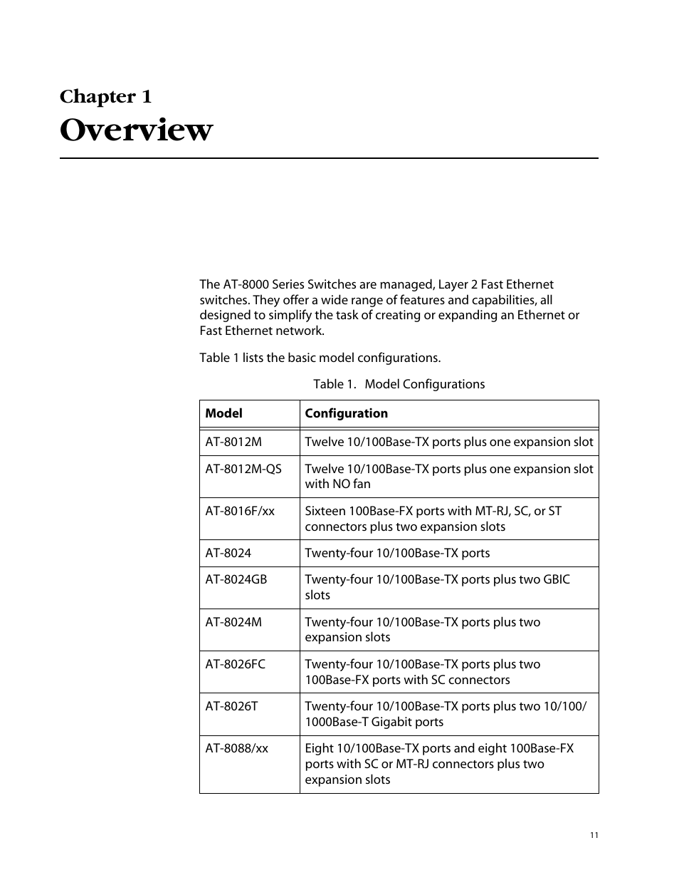 Chapter 1, Overview | Allied Telesis AT-8088/xx (MT and SC) User Manual | Page 11 / 116