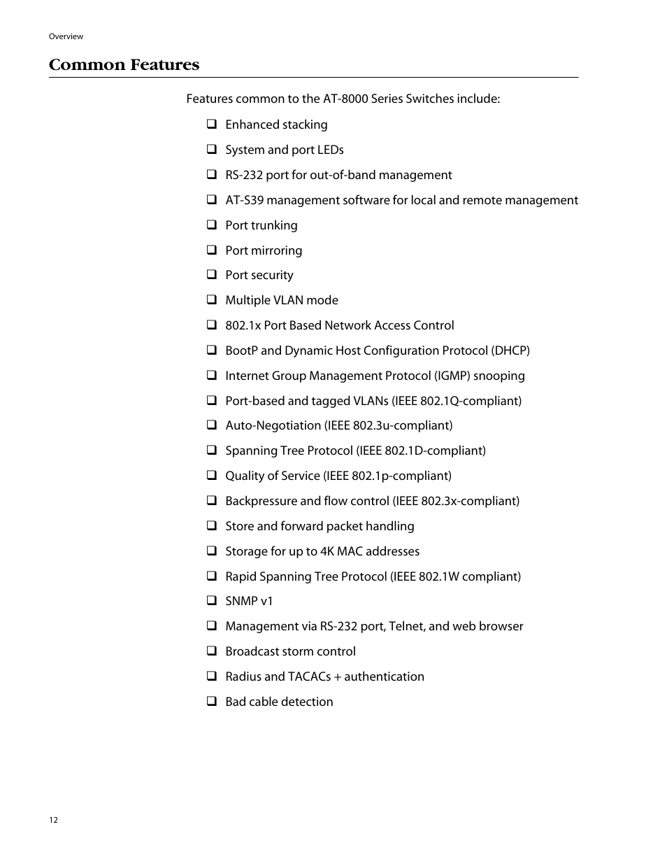 Common features | Allied Telesis AT-8088/xx (MT and SC) User Manual | Page 12 / 116