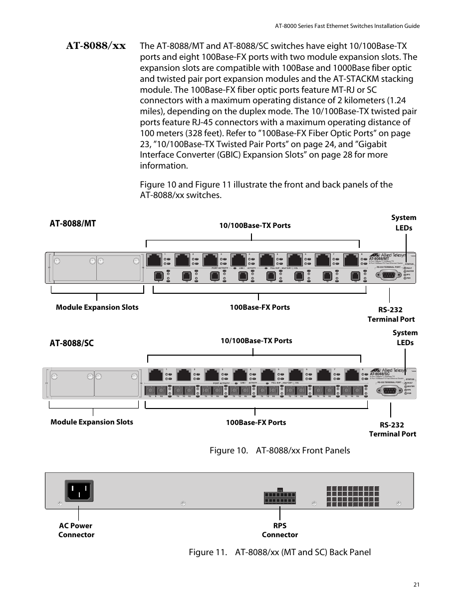At-8088/xx, At-8088/mt, At-8088/sc | Ac power connector rps connector | Allied Telesis AT-8088/xx (MT and SC) User Manual | Page 21 / 116