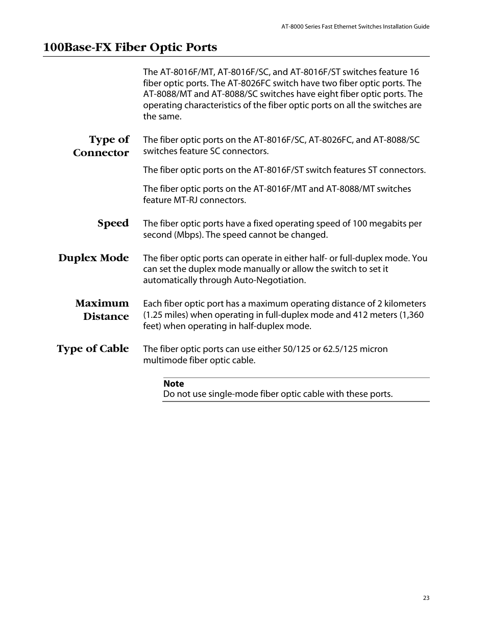 100base-fx fiber optic ports, Type of connector, Speed | Duplex mode, Maximum distance, Type of cable | Allied Telesis AT-8088/xx (MT and SC) User Manual | Page 23 / 116