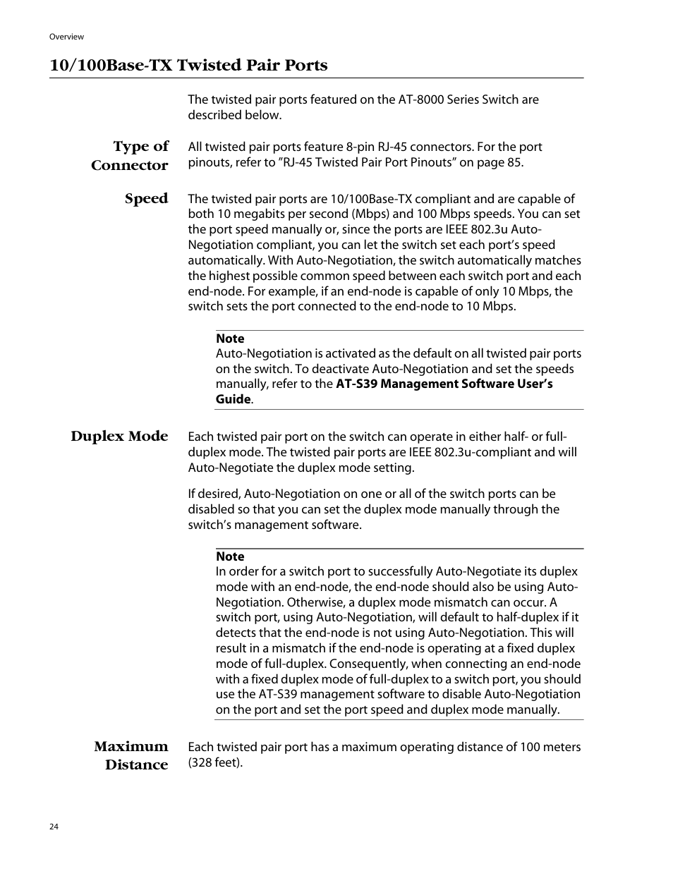 10/100base-tx twisted pair ports, Type of connector, Speed | Duplex mode, Maximum distance, Type of connector speed, Duplex mode maximum distance | Allied Telesis AT-8088/xx (MT and SC) User Manual | Page 24 / 116