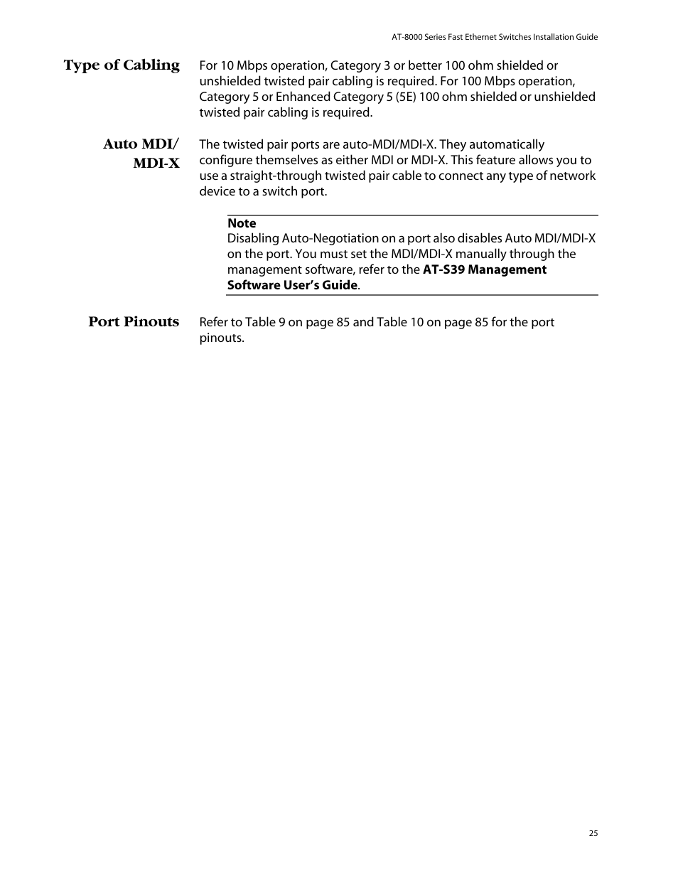 Type of cabling, Auto mdi/ mdi-x, Port pinouts | Type of cabling auto mdi/mdi-x port pinouts | Allied Telesis AT-8088/xx (MT and SC) User Manual | Page 25 / 116