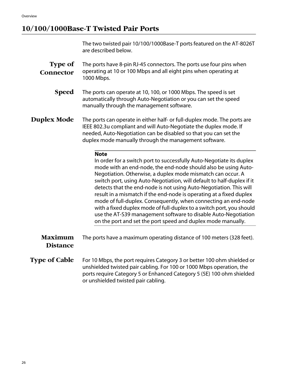 10/100/1000base-t twisted pair ports, Type of connector, Speed | Duplex mode, Maximum distance, Type of cable | Allied Telesis AT-8088/xx (MT and SC) User Manual | Page 26 / 116