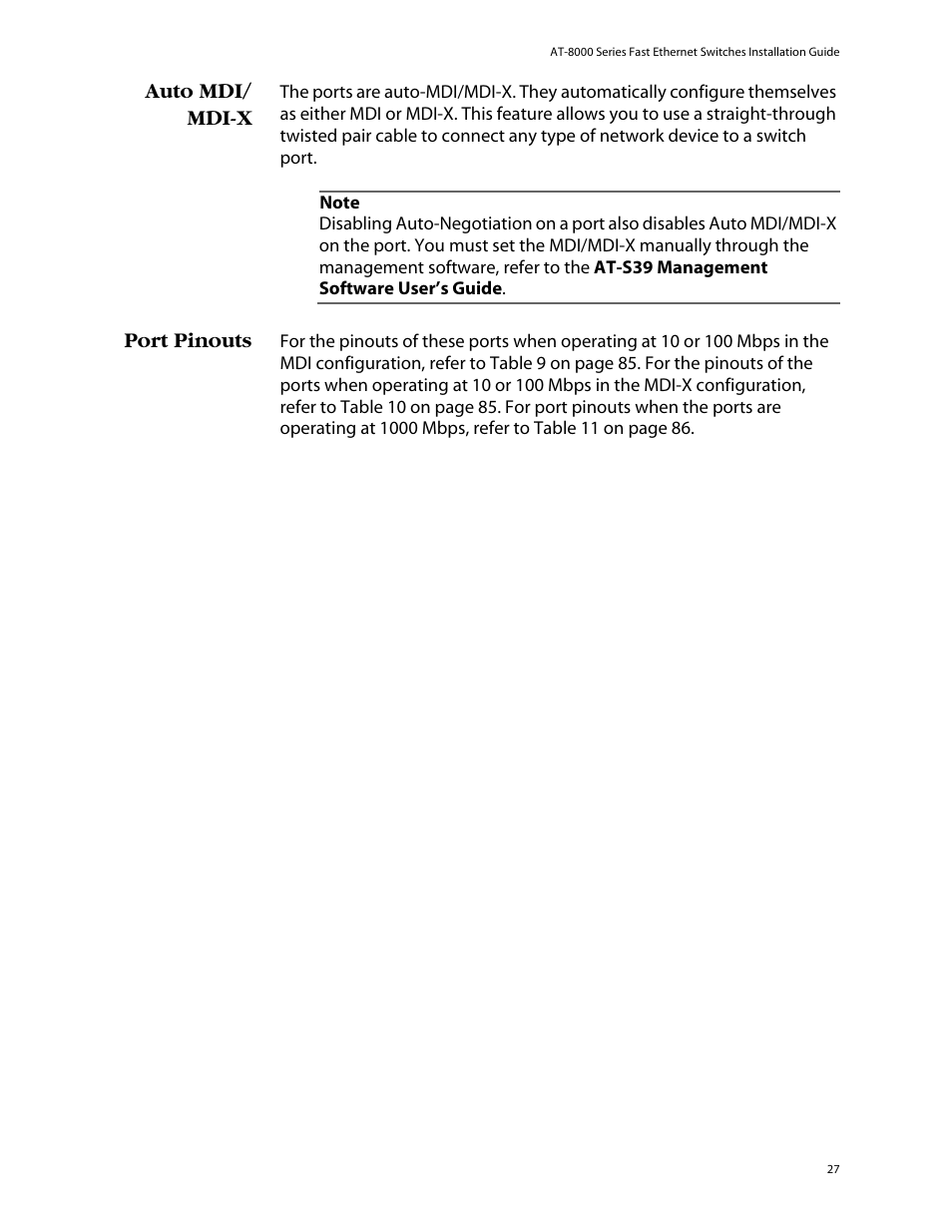 Auto mdi/ mdi-x, Port pinouts, Auto mdi/mdi-x port pinouts | Allied Telesis AT-8088/xx (MT and SC) User Manual | Page 27 / 116