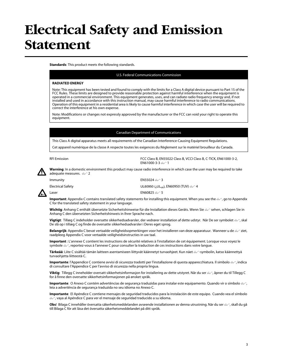 Electrical safety and emission statement | Allied Telesis AT-8088/xx (MT and SC) User Manual | Page 3 / 116