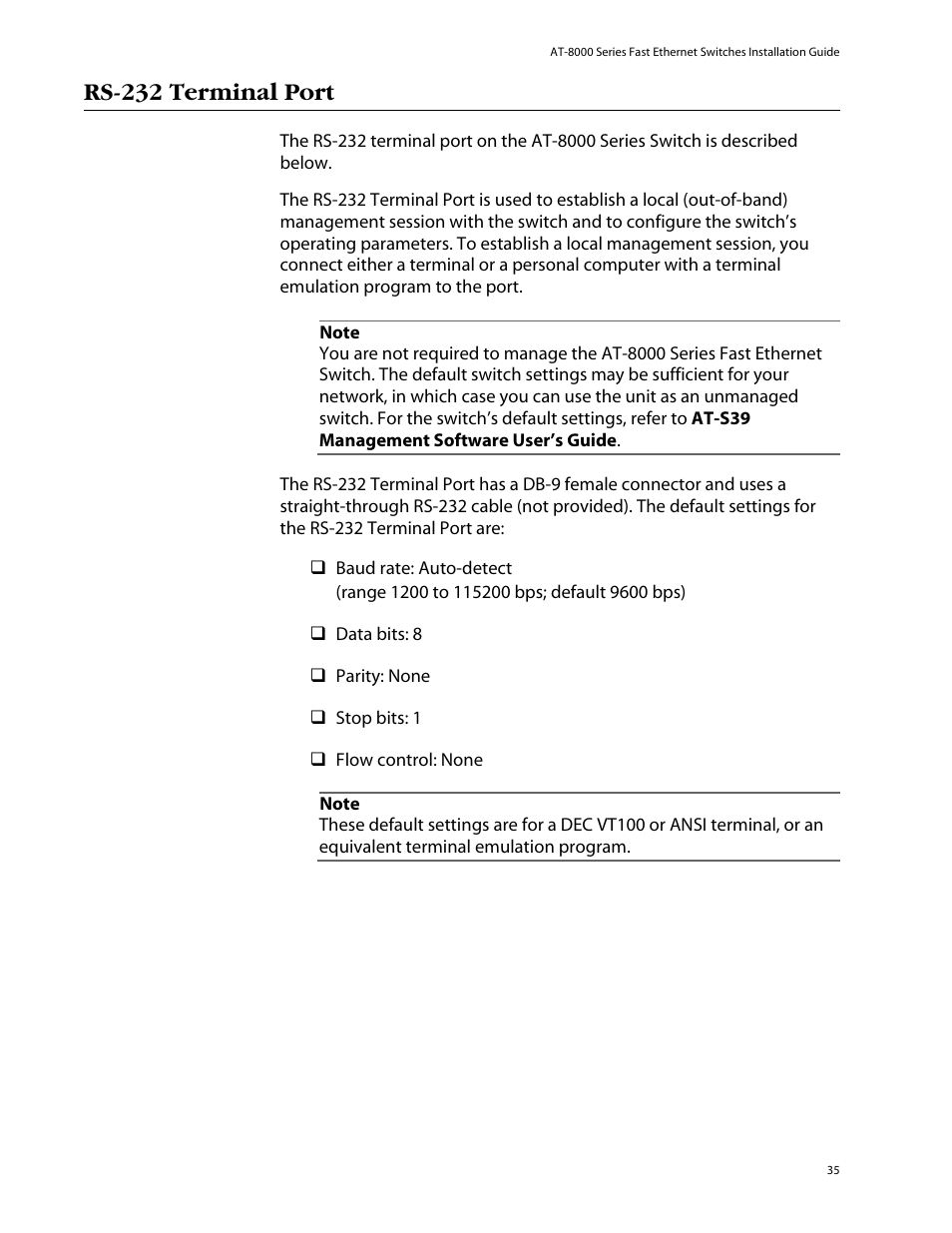 Rs-232 terminal port | Allied Telesis AT-8088/xx (MT and SC) User Manual | Page 35 / 116