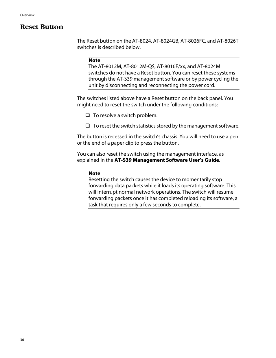 Reset button | Allied Telesis AT-8088/xx (MT and SC) User Manual | Page 36 / 116