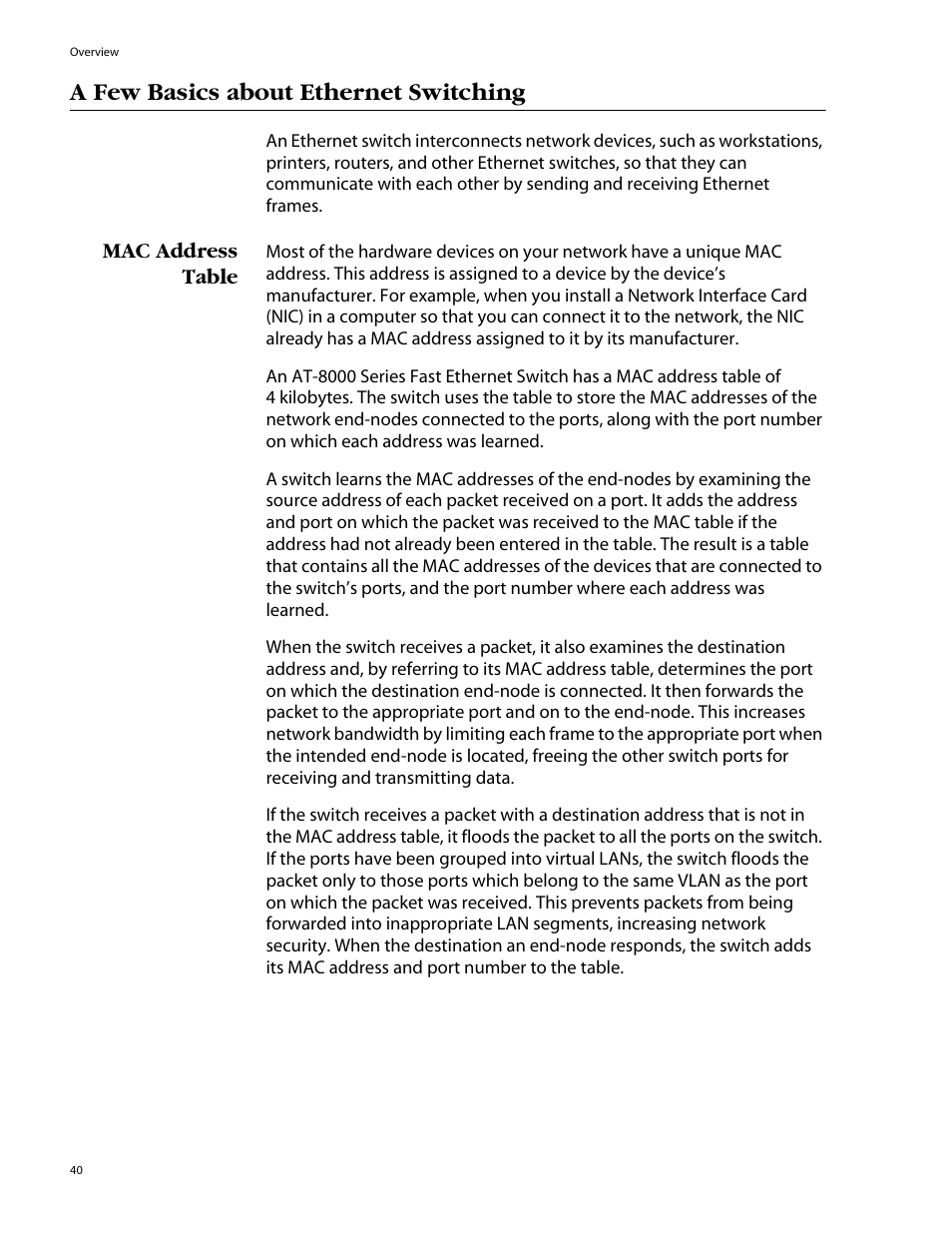 A few basics about ethernet switching, Mac address table | Allied Telesis AT-8088/xx (MT and SC) User Manual | Page 40 / 116