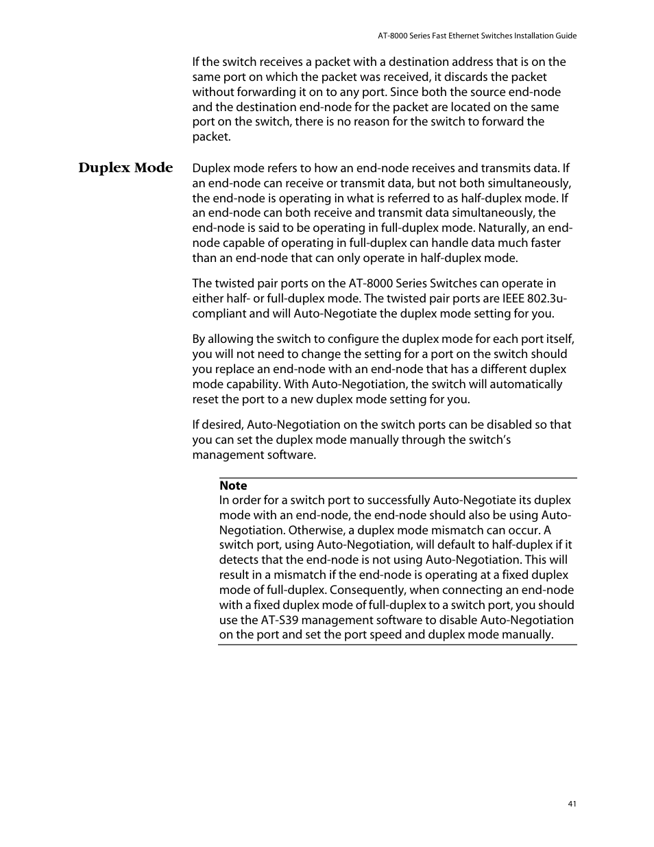 Duplex mode | Allied Telesis AT-8088/xx (MT and SC) User Manual | Page 41 / 116