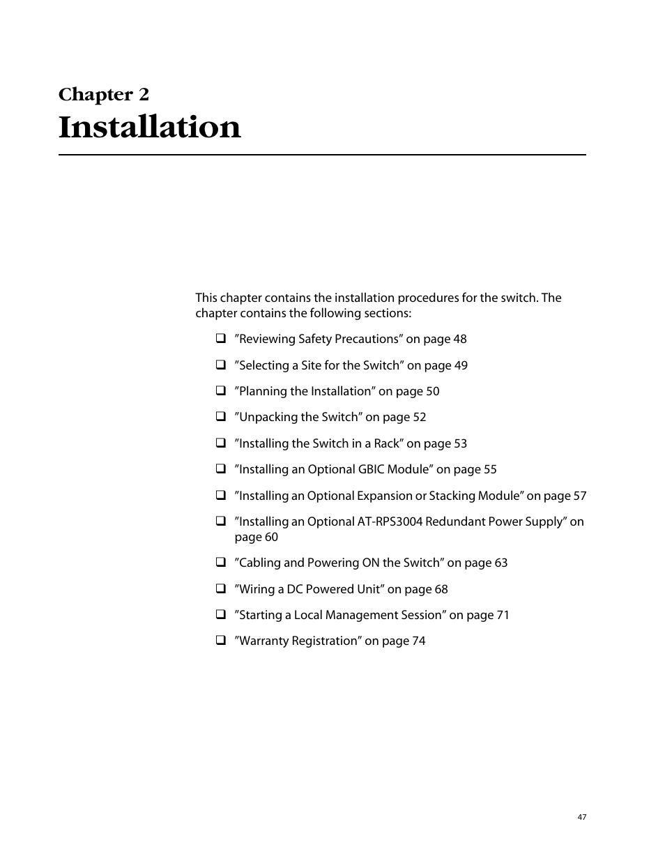 Chapter 2, Installation, Contains the insta | Allied Telesis AT-8088/xx (MT and SC) User Manual | Page 47 / 116