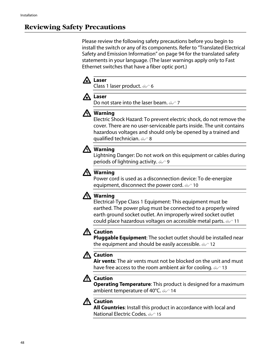 Reviewing safety precautions | Allied Telesis AT-8088/xx (MT and SC) User Manual | Page 48 / 116