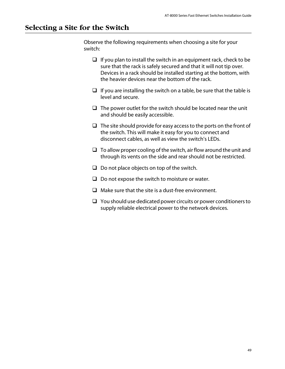 Selecting a site for the switch | Allied Telesis AT-8088/xx (MT and SC) User Manual | Page 49 / 116