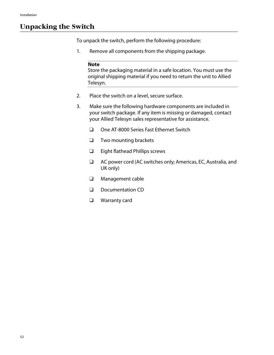 Unpacking the switch | Allied Telesis AT-8088/xx (MT and SC) User Manual | Page 52 / 116