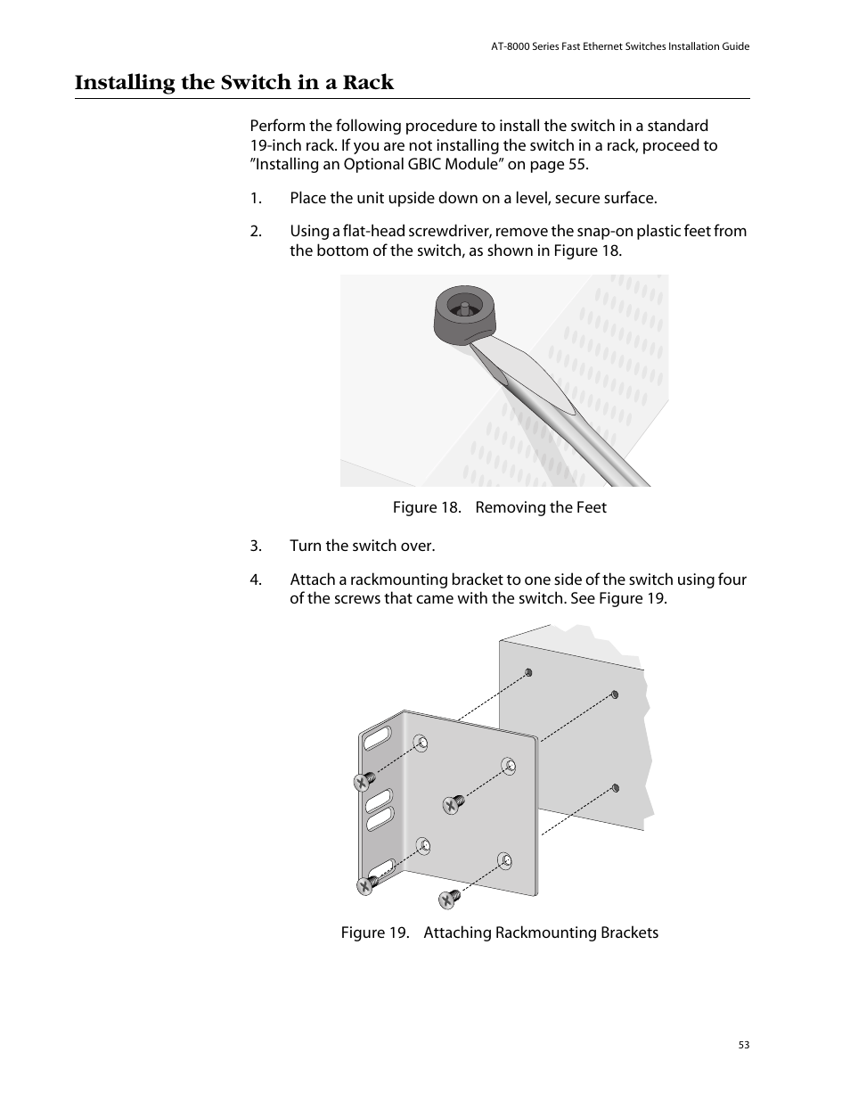 Installing the switch in a rack | Allied Telesis AT-8088/xx (MT and SC) User Manual | Page 53 / 116