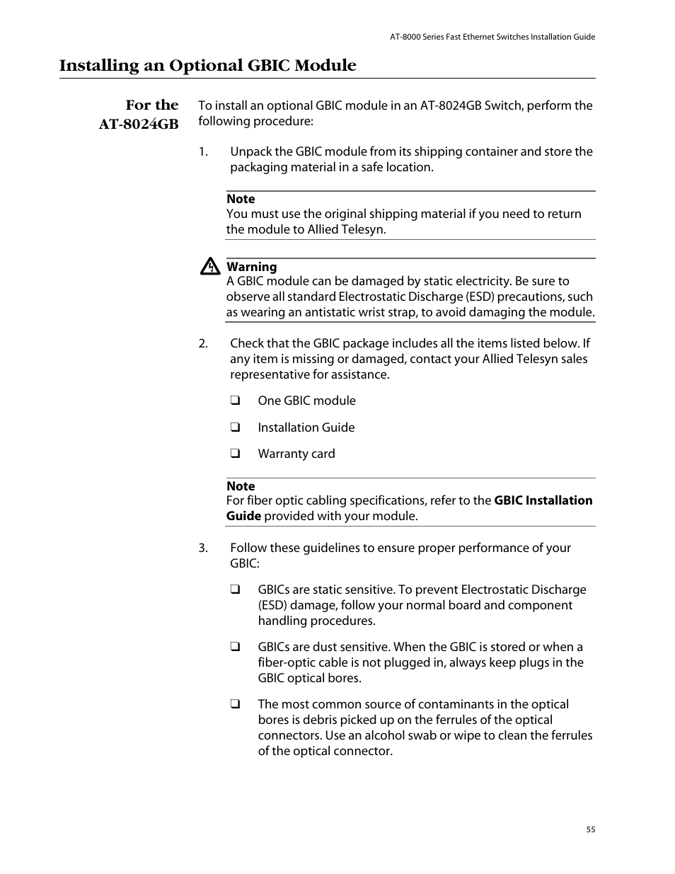 Installing an optional gbic module, For the at-8024gb | Allied Telesis AT-8088/xx (MT and SC) User Manual | Page 55 / 116