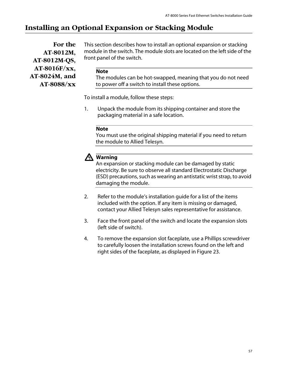 For the | Allied Telesis AT-8088/xx (MT and SC) User Manual | Page 57 / 116