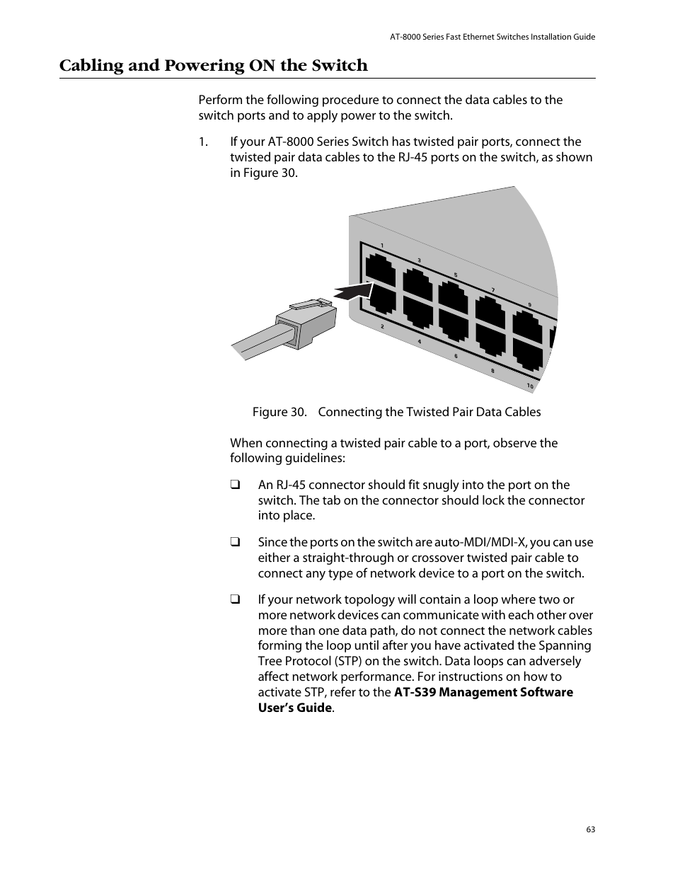 Cabling and powering on the switch | Allied Telesis AT-8088/xx (MT and SC) User Manual | Page 63 / 116