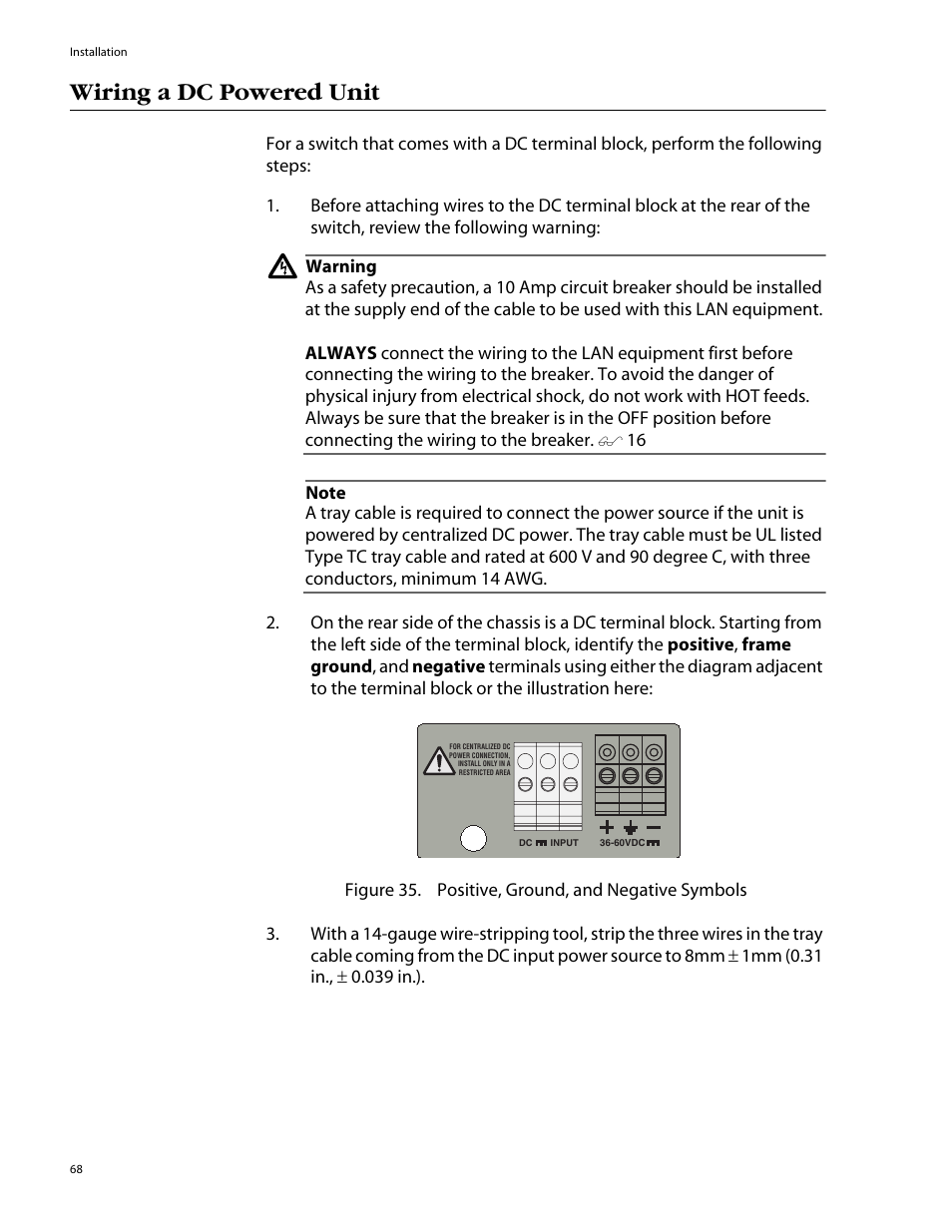 Wiring a dc powered unit | Allied Telesis AT-8088/xx (MT and SC) User Manual | Page 68 / 116