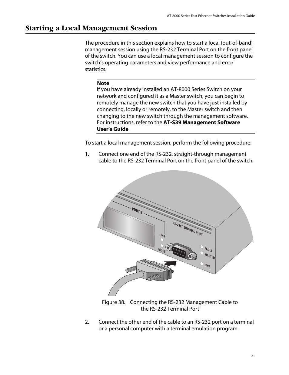 Starting a local management session | Allied Telesis AT-8088/xx (MT and SC) User Manual | Page 71 / 116