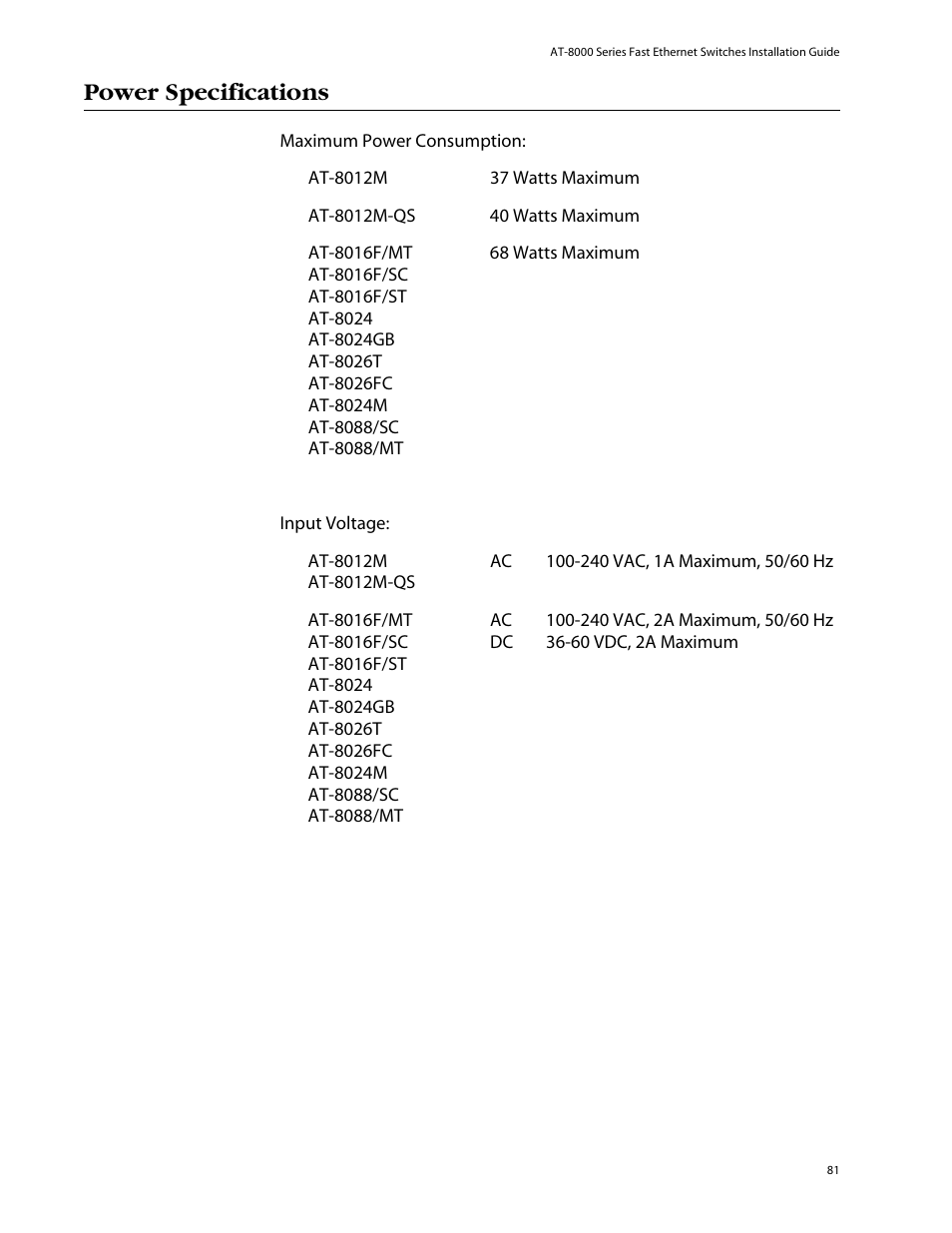 Power specifications | Allied Telesis AT-8088/xx (MT and SC) User Manual | Page 81 / 116