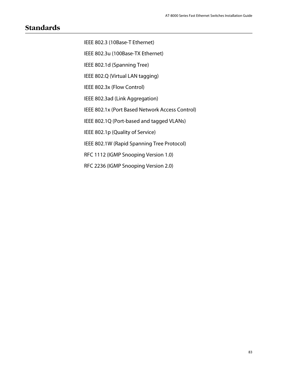 Standards | Allied Telesis AT-8088/xx (MT and SC) User Manual | Page 83 / 116
