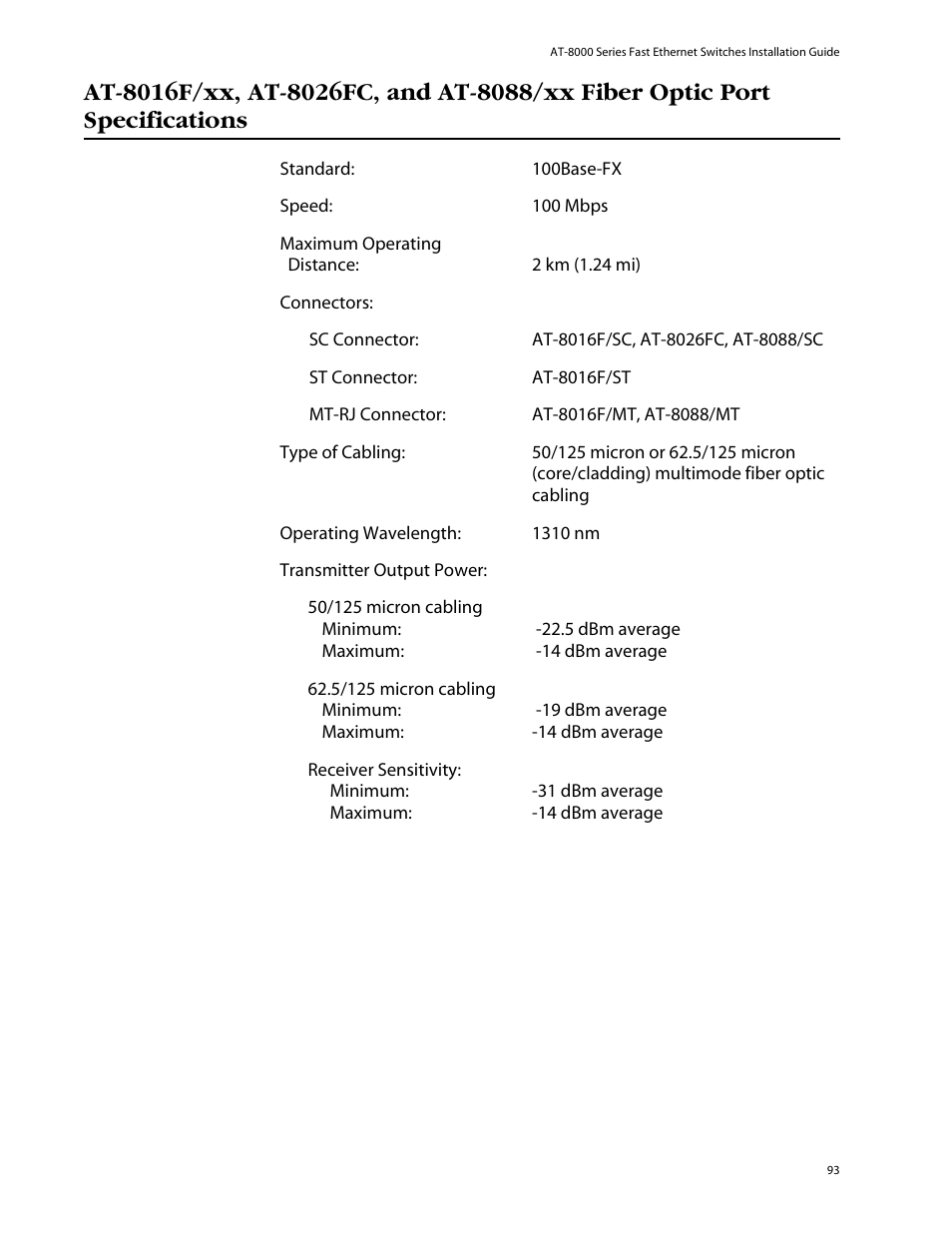 Allied Telesis AT-8088/xx (MT and SC) User Manual | Page 93 / 116
