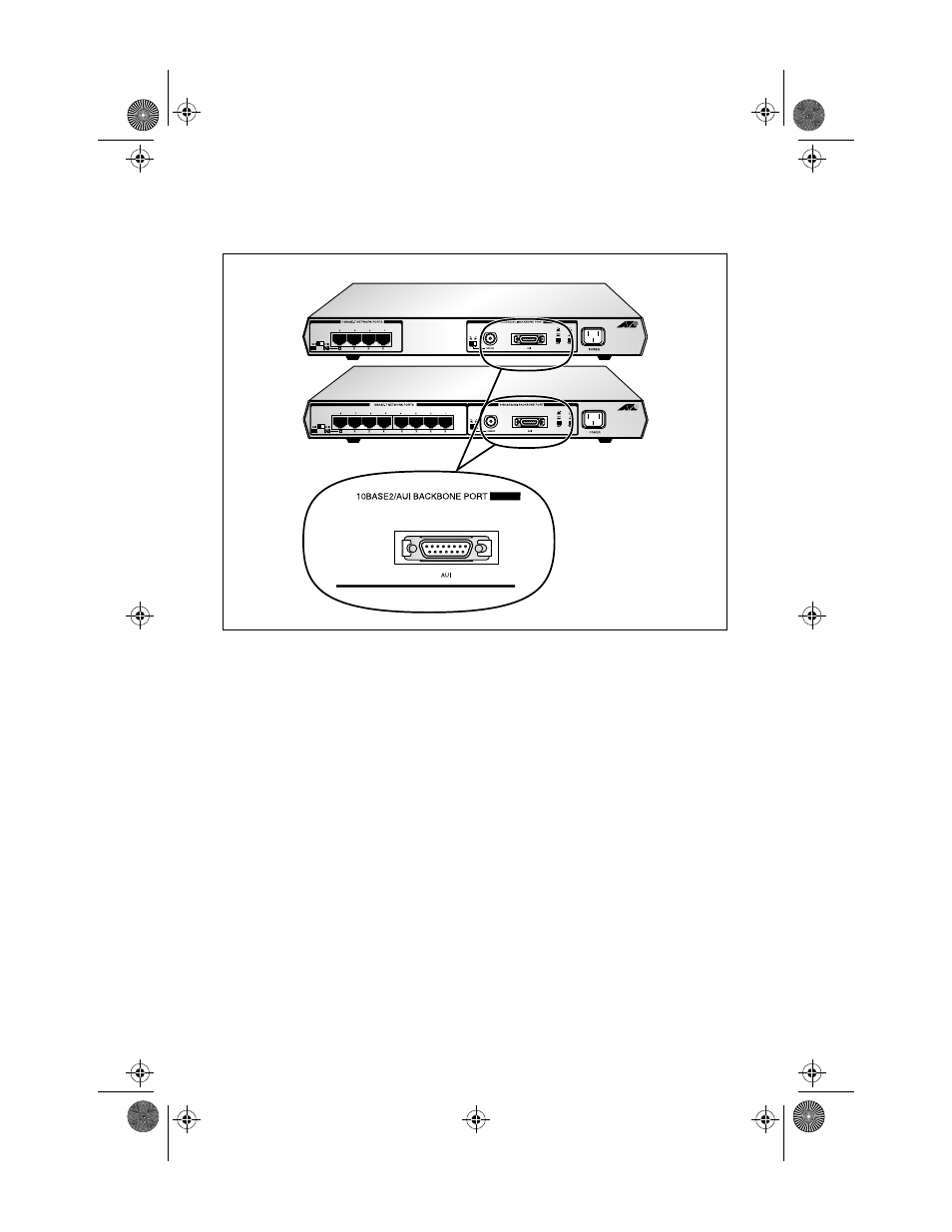 Figure9: aui network port, 10base5 (thick) ethernet cable, Aui drop cables | Allied Telesis AT-MR820TR User Manual | Page 40 / 72