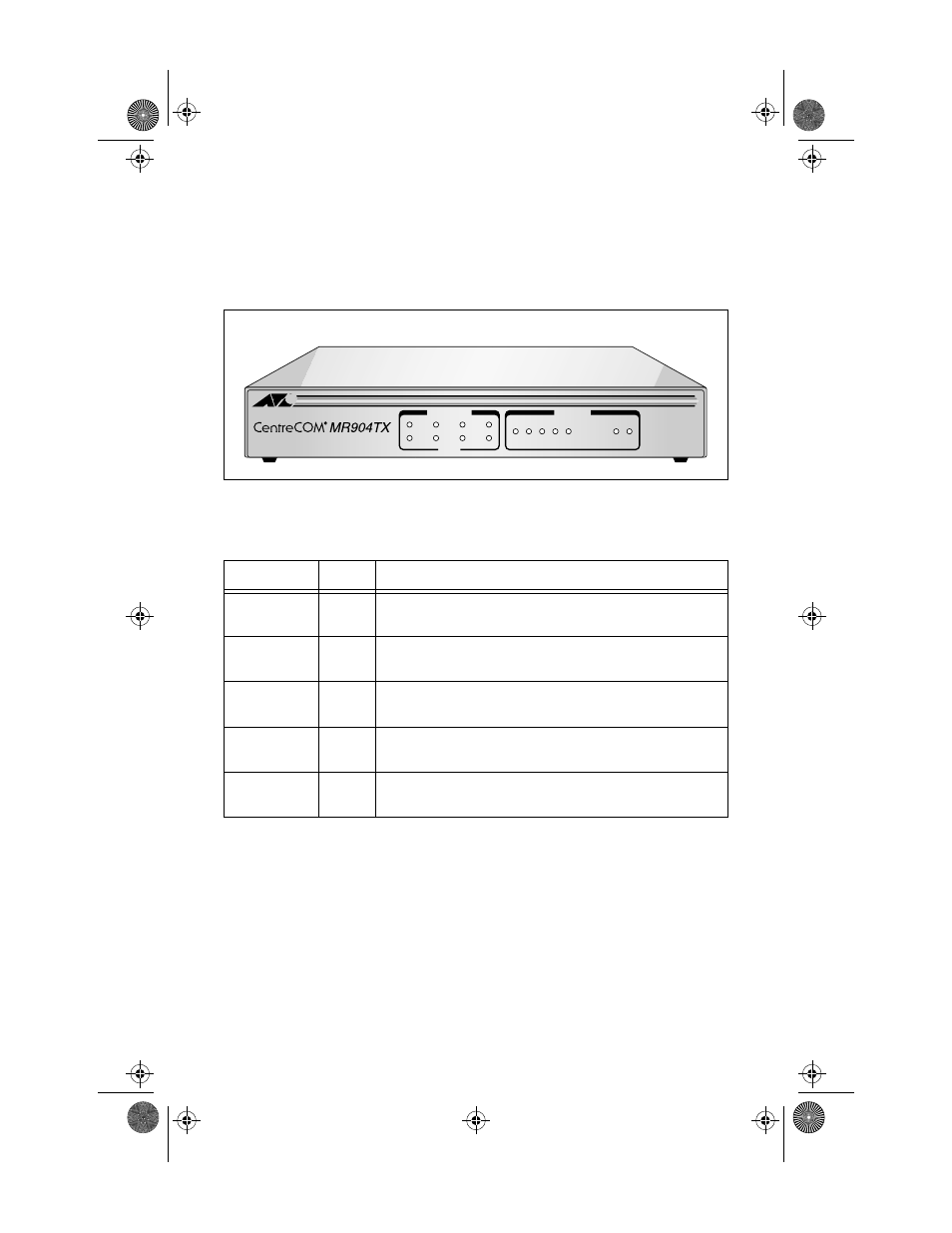 Front panel description, Table 2: front panel leds | Allied Telesis AT-MR904TX User Manual | Page 13 / 28