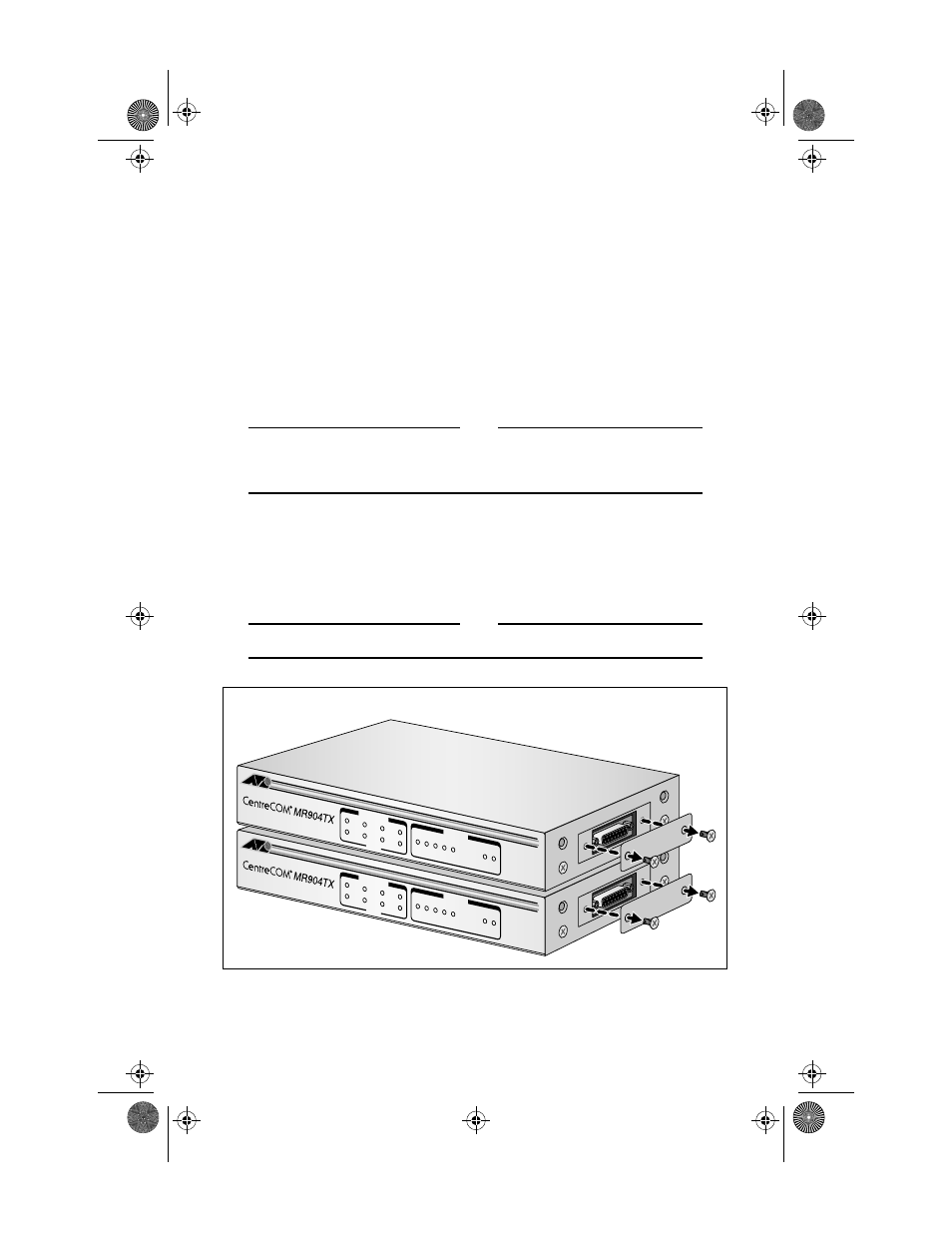 Installing stackable hubs, Make sure that all of the unit’s power is turne, Place the hubs on a flat surface | For the first base hub, set the stack id switch, Remove the two bracket screws from the right si | Allied Telesis AT-MR904TX User Manual | Page 18 / 28