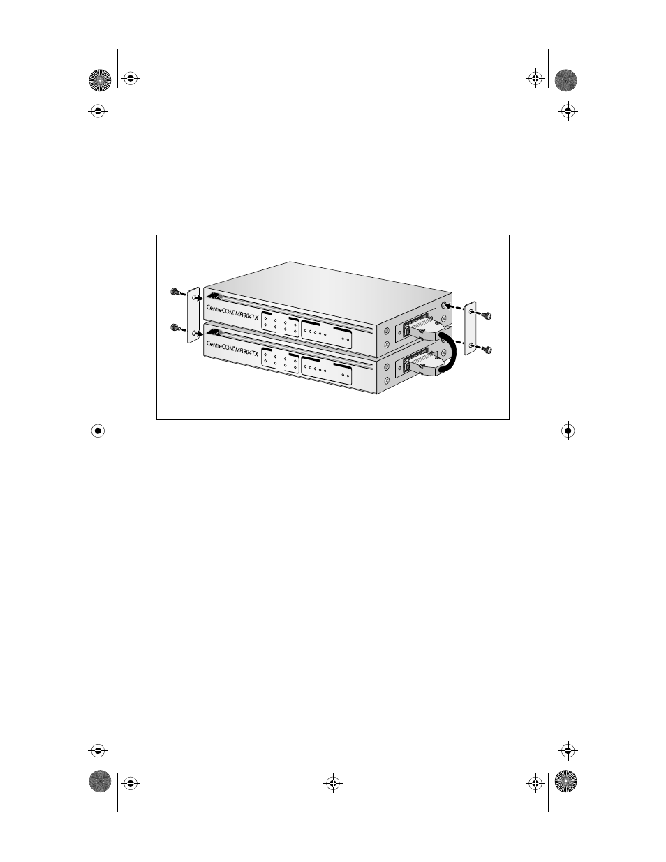 Attach the two brackets, one to each opposite c, Connect one end of the db-15 proprietary cable, Attach the power adapter dc jacks to the hubs a | At-mr904tx hub 9 | Allied Telesis AT-MR904TX User Manual | Page 19 / 28