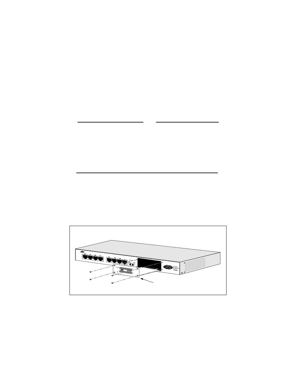 At-mr901 stacking module, Ensure that your at-mr908tx is not connected to, Remove the four screws holding the blank facepl | Slide the at-mr901 stacking module into the bac, Figure9: installing an at-mr901 stacking module | Allied Telesis AT-MR908TX User Manual | Page 36 / 62