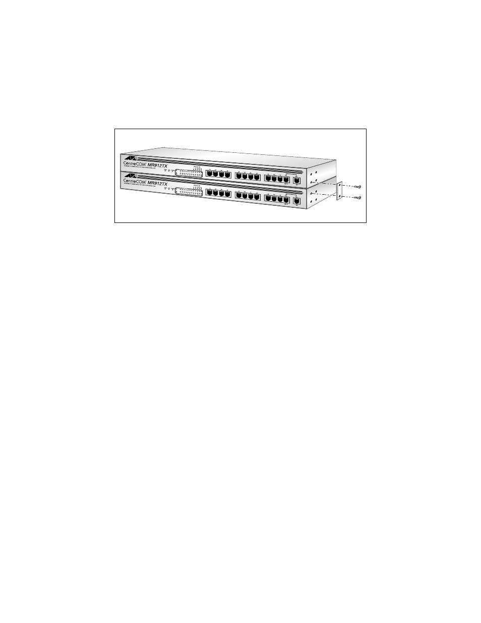 Install the brackets as indicated in the follow, Figure16: installing stacking brackets, Attach the power cords of all units | Use the scsi type ii cable to connect the out p, Do not match out to out or in to in when connec, Repeat the preceding steps until you have conne, Check the front of each hub in the stack to mak, Plug all category 5 stp/utp cables in the 100ba | Allied Telesis AT-MR912TX User Manual | Page 43 / 68