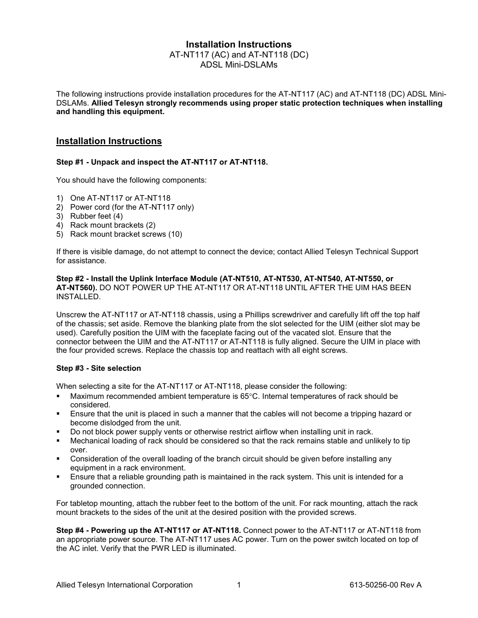 Allied Telesis AT-NT118 (DC) User Manual | 4 pages