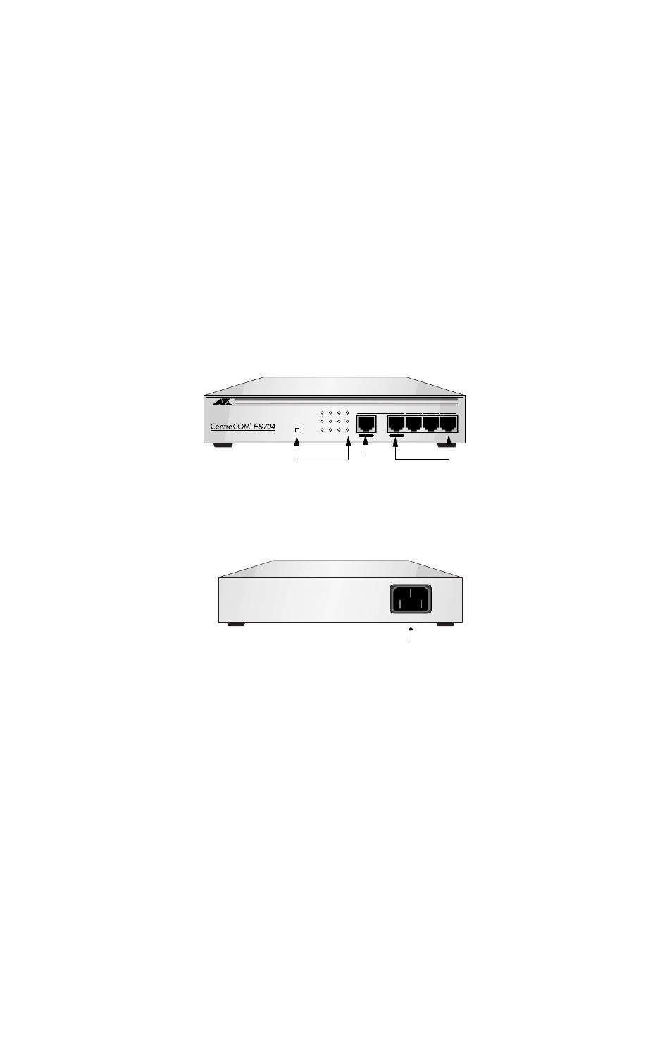 Physical description, Front panel, Figure 2 at-fs704 front panel defined | Rear panel, Figure 3 rear panel view of the at-fs704, Front panel rear panel | Allied Telesis AT-FS704 User Manual | Page 19 / 38