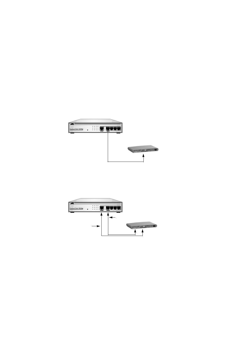 Hub-to-switch installation, Hub-to-switch installation (without uplink port), Hub straight cable crossover cable | Allied Telesis AT-FS704 User Manual | Page 27 / 38