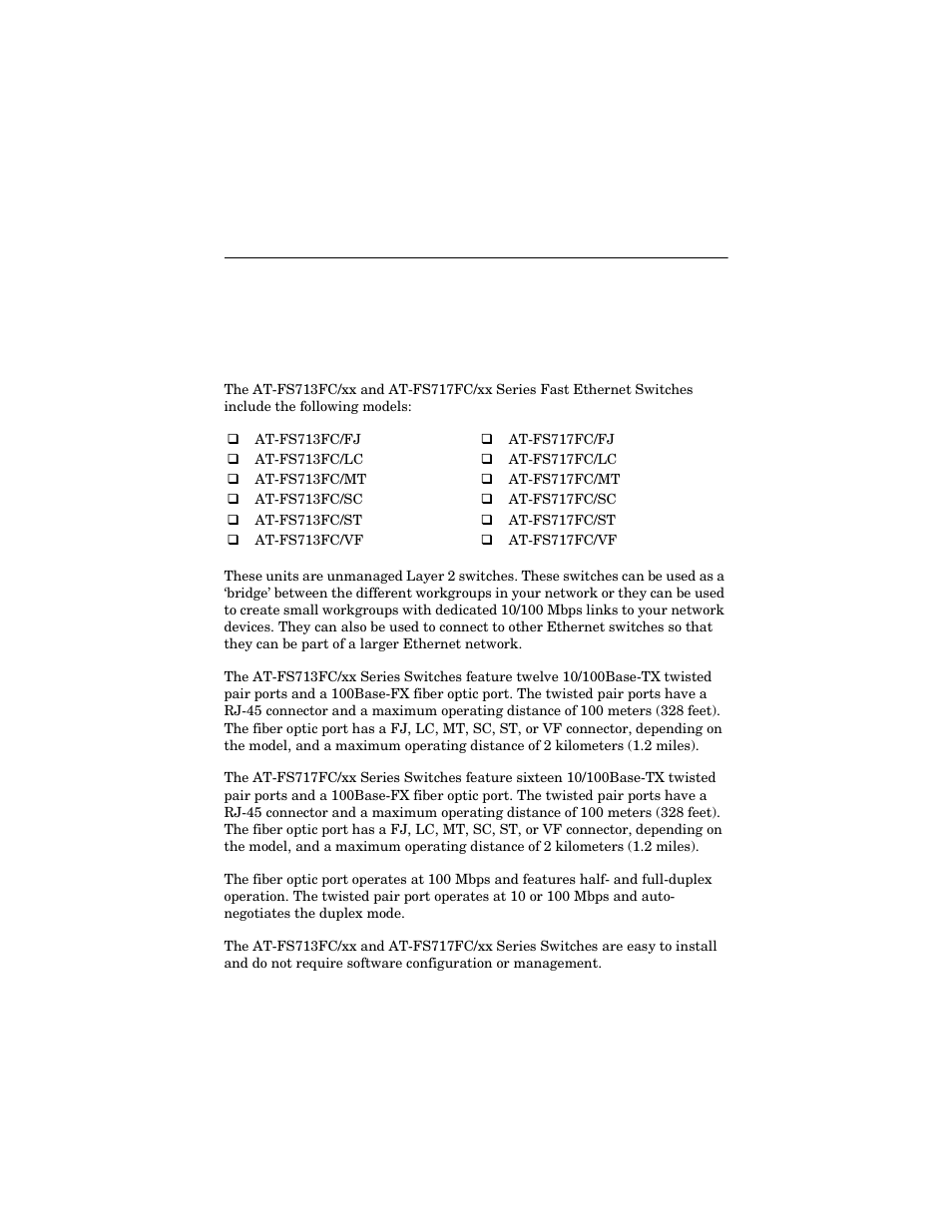Chapter 1, Overview | Allied Telesis AT-FS717FC/xx User Manual | Page 11 / 46