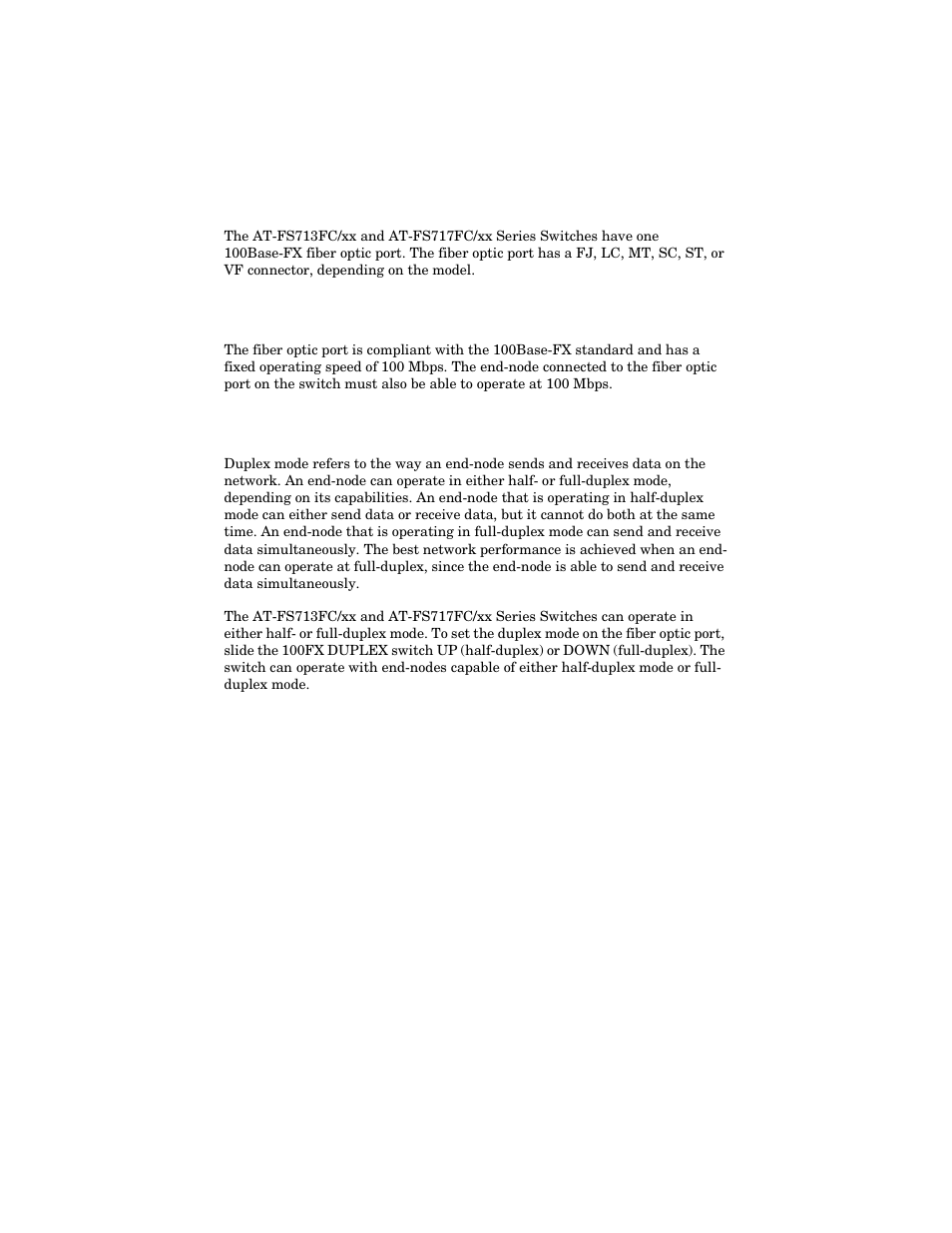 Fiber optic port, Port speed, Duplex mode | Allied Telesis AT-FS717FC/xx User Manual | Page 16 / 46