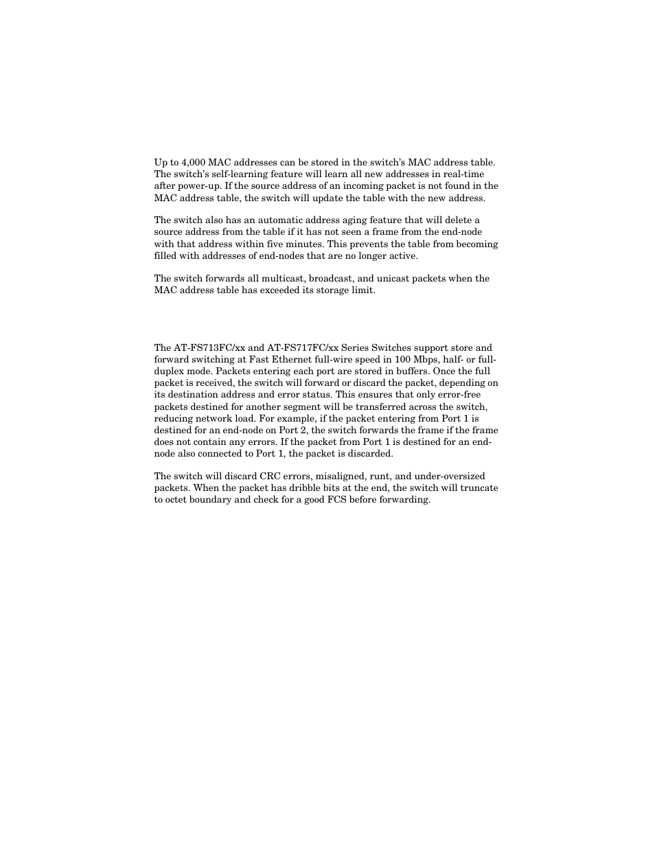 Mac address table, Store and forward | Allied Telesis AT-FS717FC/xx User Manual | Page 17 / 46