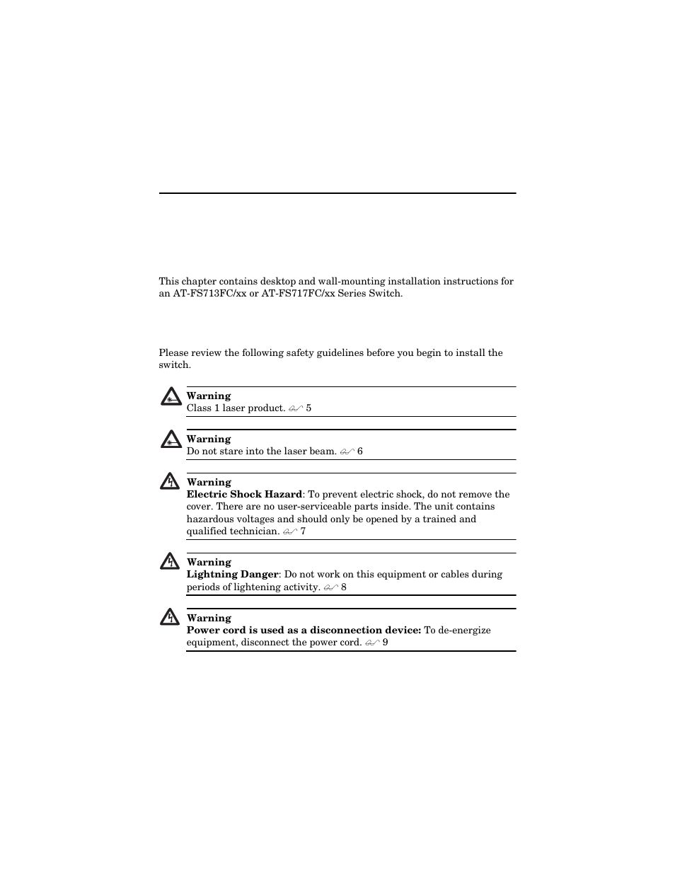 Chapter 2, Installing the switch, Reviewing safety guidelines | Allied Telesis AT-FS717FC/xx User Manual | Page 21 / 46