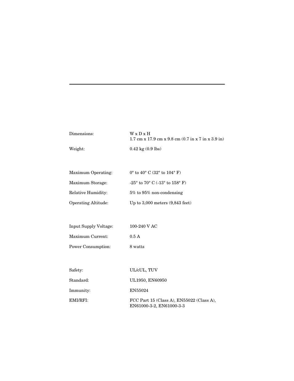 Appendix a, Technical specifications, Physical | Temperature, Electrical rating, Agency certifications | Allied Telesis AT-FS717FC/xx User Manual | Page 31 / 46