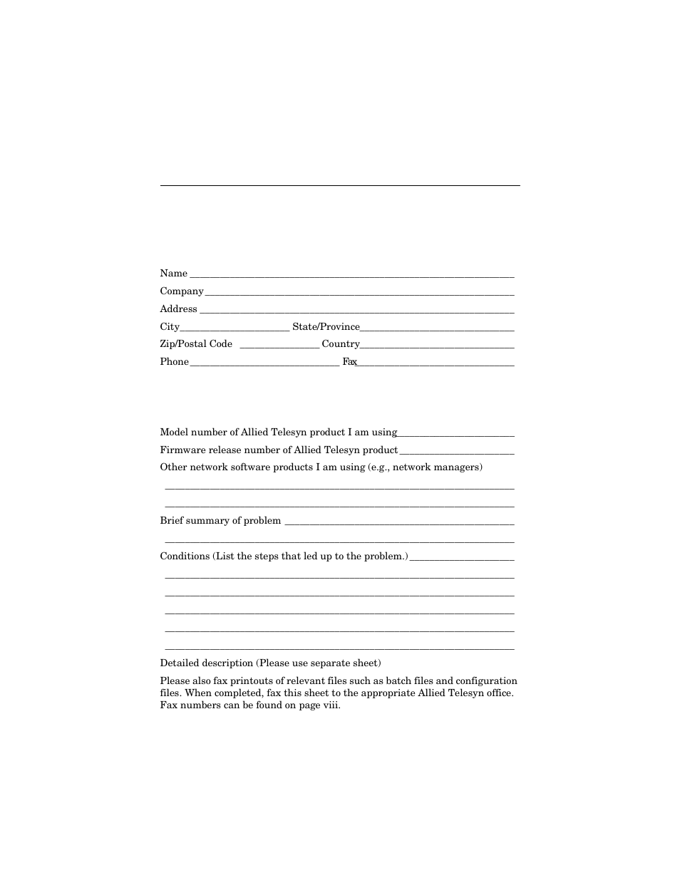 Appendix c, Technical support fax order, Incident summary | Allied Telesis AT-FS717FC/xx User Manual | Page 45 / 46