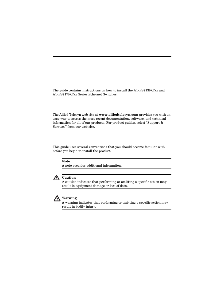 Welcome to allied telesyn, Where to find web-based guides, Document conventions | Allied Telesis AT-FS717FC/xx User Manual | Page 7 / 46