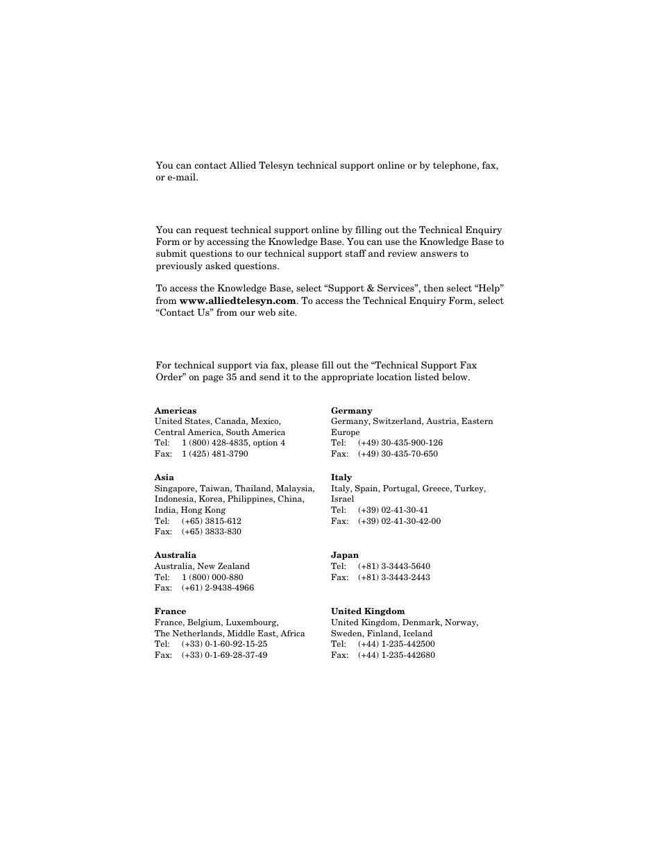 Contacting allied telesyn technical support, Online support, Telephone and fax support | Allied Telesis AT-FS717FC/xx User Manual | Page 8 / 46