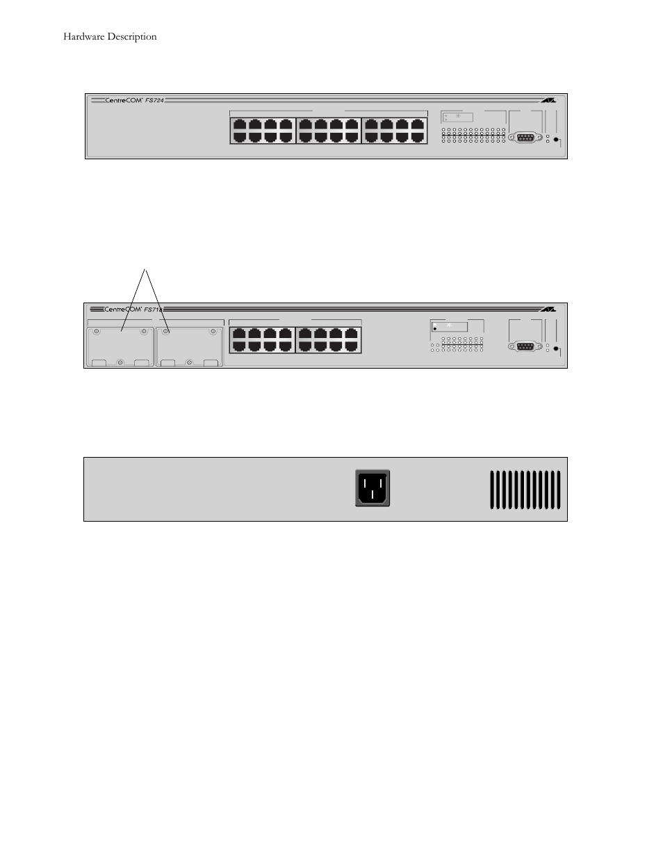 Figure11 the atfs724 switch (front), Figure12 the atfs718 switch (front), Figure13 the switch rear panel | Dugzduh#'hvfulswlrq, Uplink slots (port a and port b) | Allied Telesis AT-FS724 User Manual | Page 12 / 68