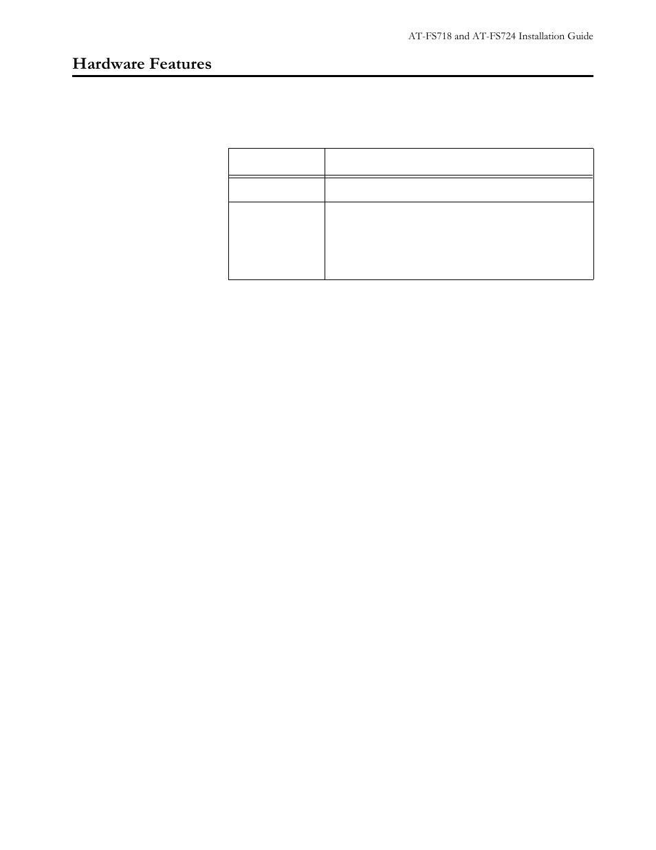Hardware features, Table11 switch models, Dugzduh#)hdwxuhv | Allied Telesis AT-FS724 User Manual | Page 13 / 68
