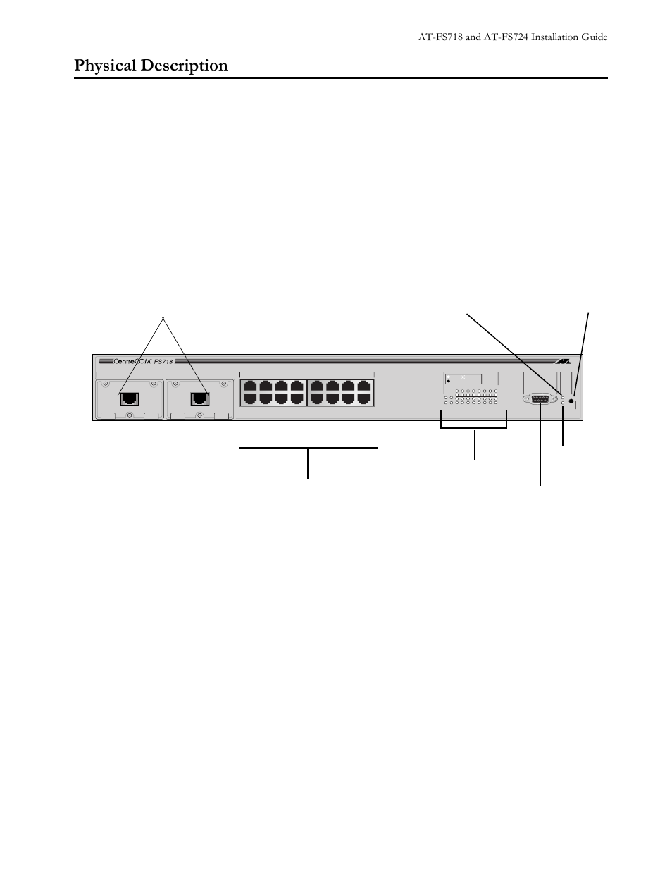 Physical description, 3k\vlfdo#'hvfulswlrq, Reset button | System and port status leds | Allied Telesis AT-FS724 User Manual | Page 15 / 68